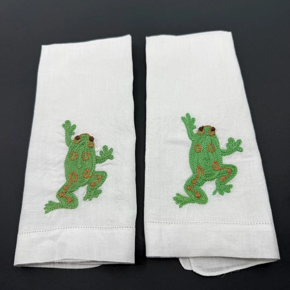 Vintage, 2 Unused White Madeira Linen , Embroidered Frog Finger Tip Guest Towels